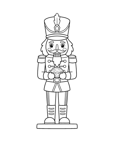 Nutcracker coloring page for kids: a printable black and white outline picture with thick lines and big areas to color, ready for A4