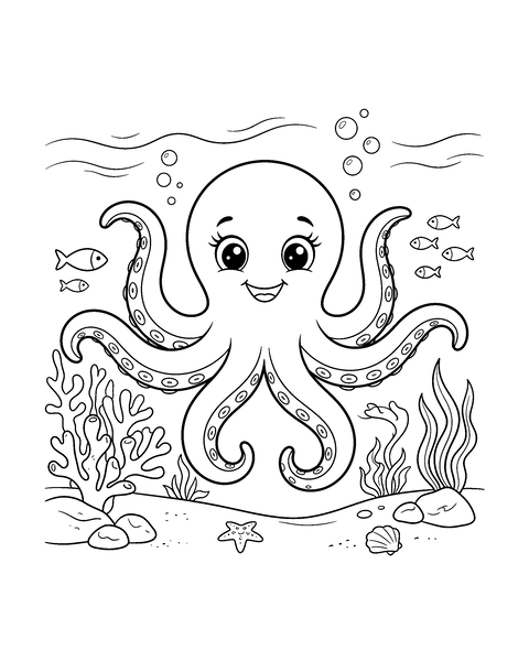 Octopus coloring page for kids: a printable black and white outline picture with thick lines and big areas to color, ready for A4