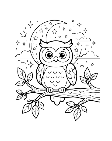 Owl coloring page for kids: a printable black and white outline picture with thick lines and big areas to color, ready for A4