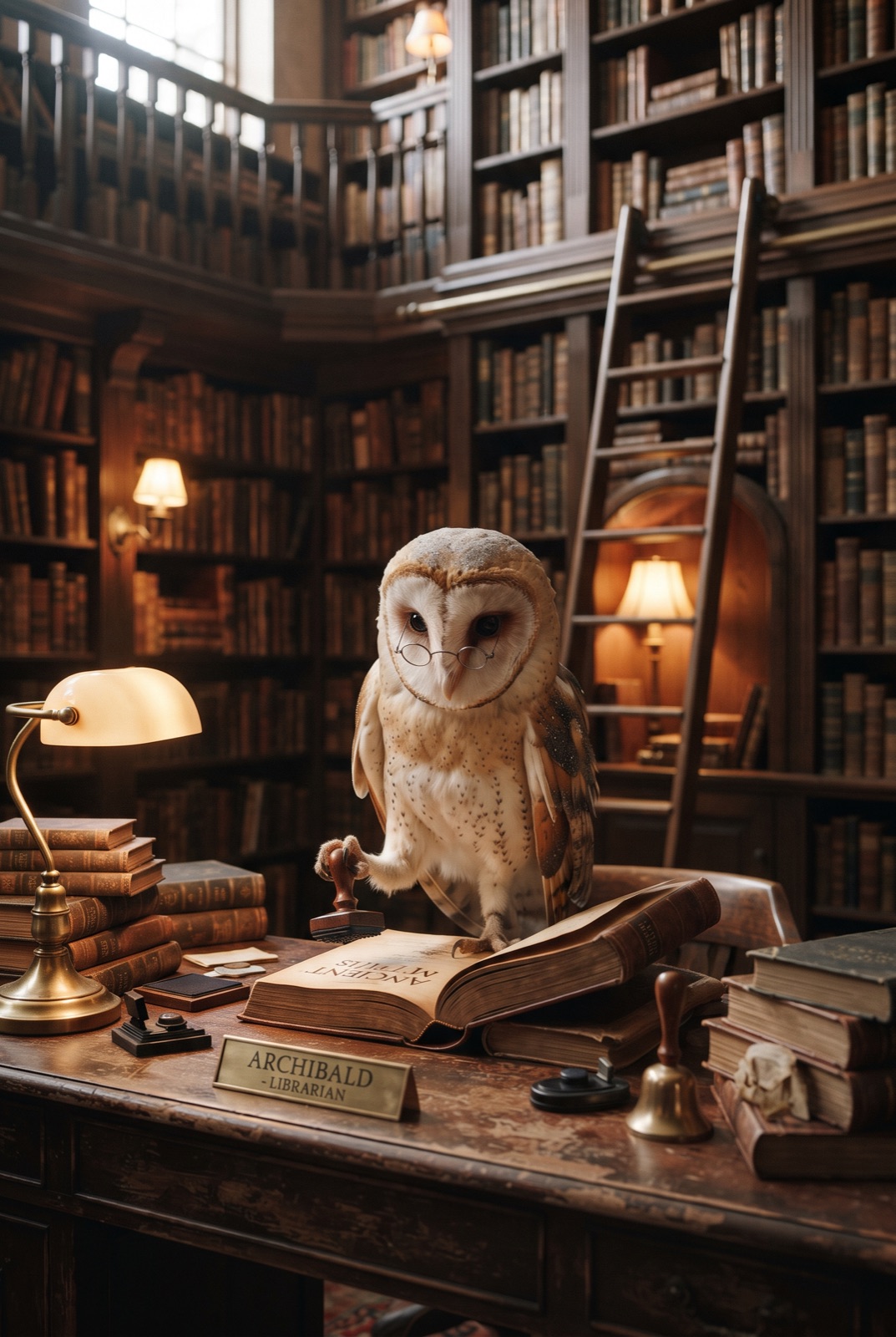 Owl Librarian Stamping Books: An owl in round glasses stamps books at a wooden desk with a rolling ladder and warm lamps behind.