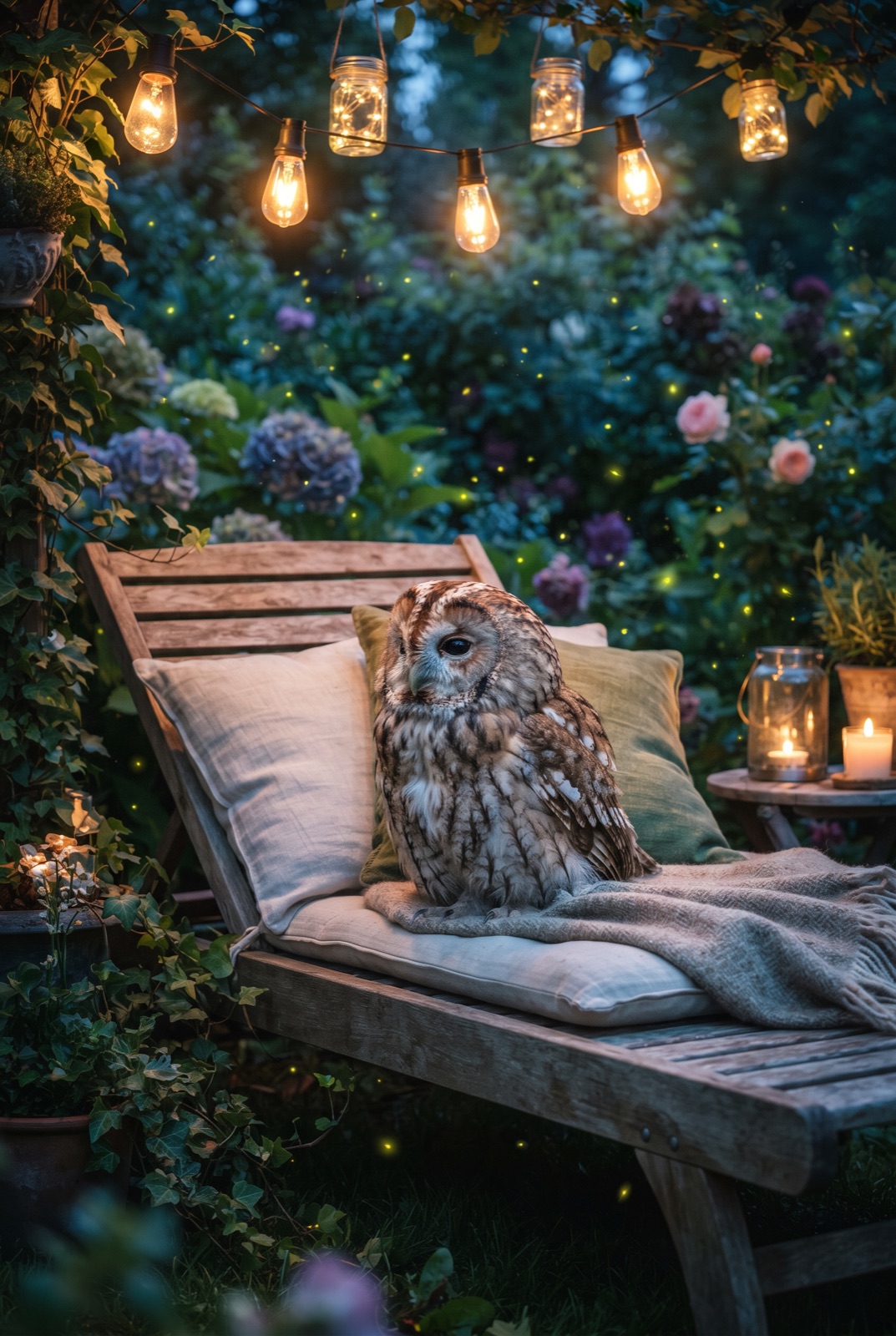 Owl on a Lounger Under Lanterns: A fluffy owl rests on a wooden lounger in a garden under warm lanterns while fireflies drift around.