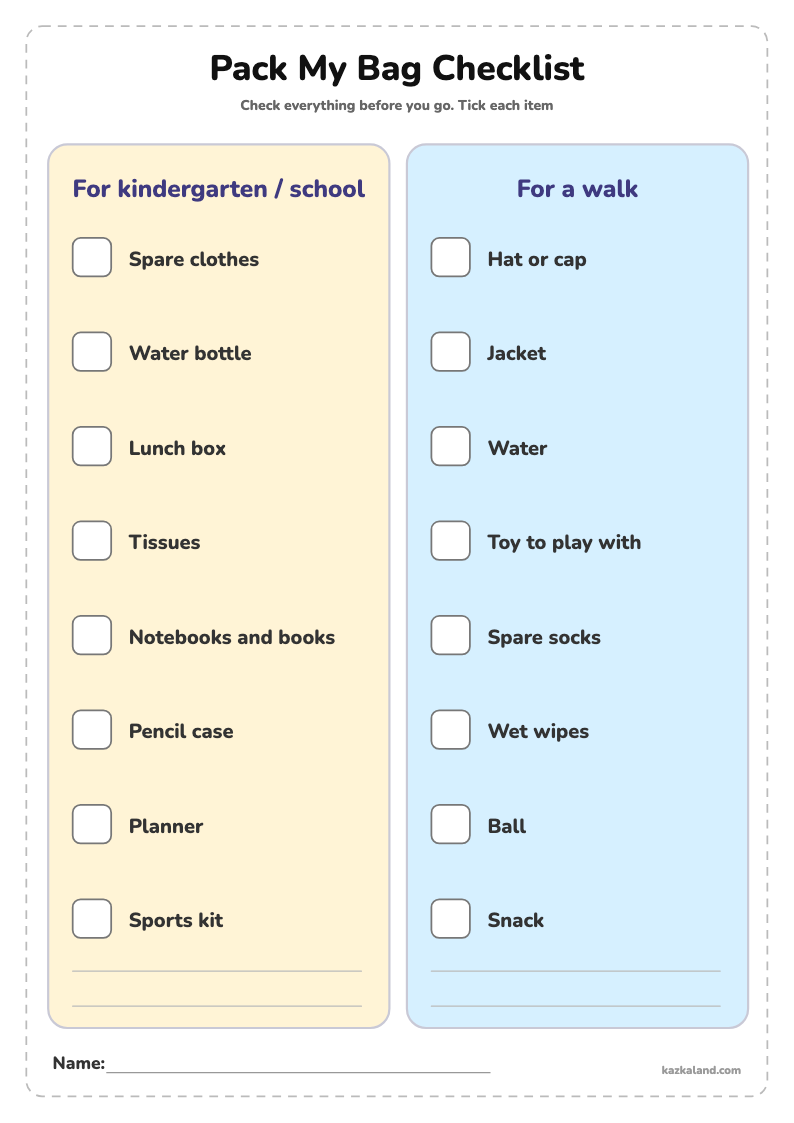 Pack My Bag Checklist: printable A4 sheet for kids, ready to print or fill in online