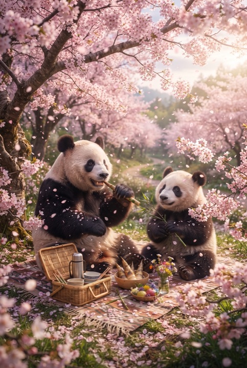 Pandas Picnicking Under Cherry Blossoms: Two giant pandas picnic on a blanket under blooming cherry trees while petals fall all around.