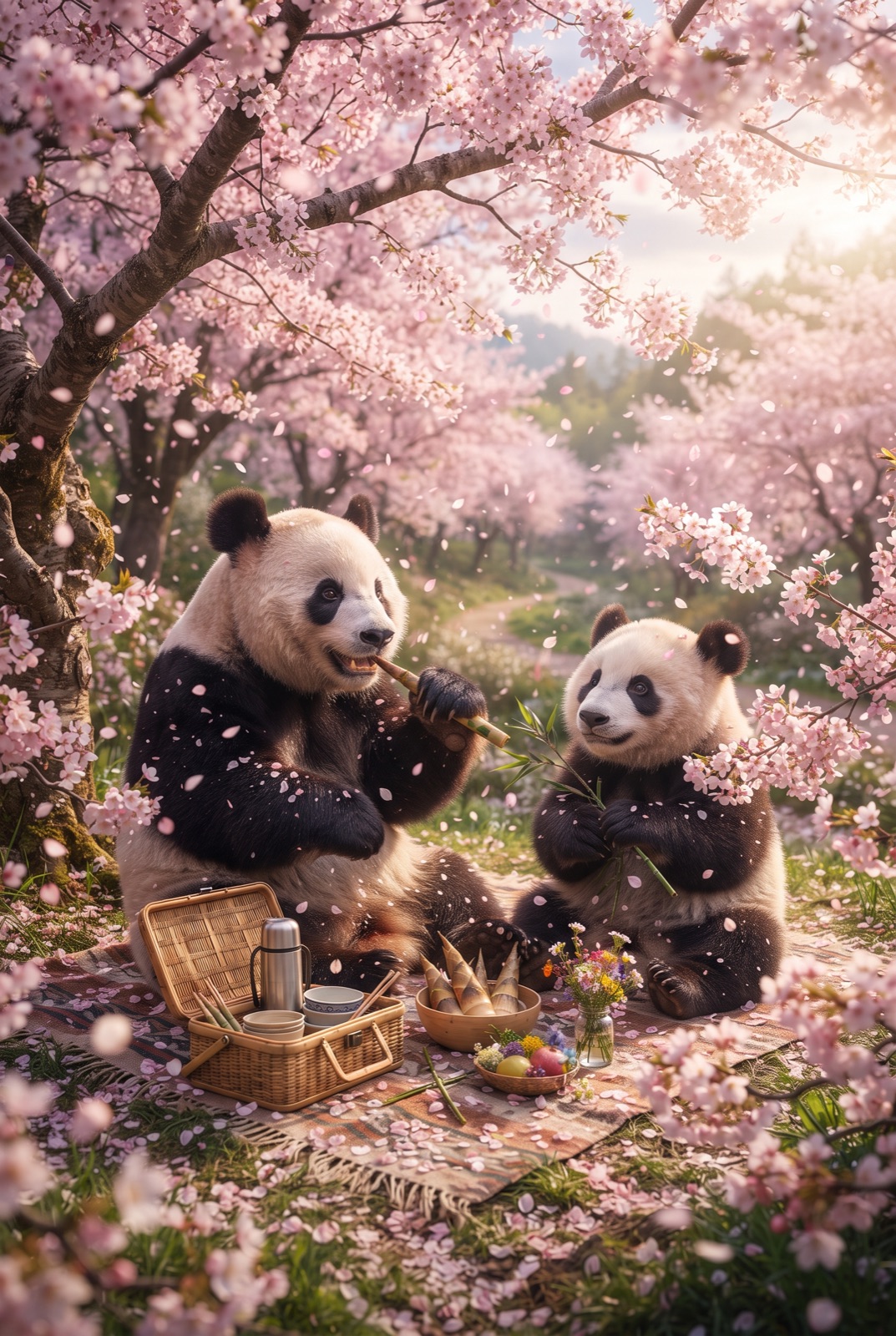 Pandas Picnicking Under Cherry Blossoms: Two giant pandas picnic on a blanket under blooming cherry trees while petals fall all around.