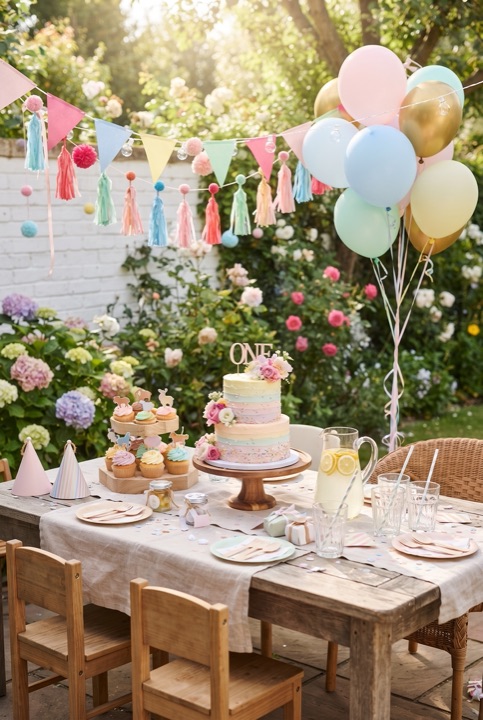 Birthday Table with Garland and Balloons: A long table with a paper garland, balloons and a cake on a wooden stand.