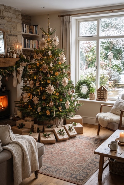 Tree with Handmade Ornaments: A tree with paper stars, wooden toys and pinecones: festive and homey.