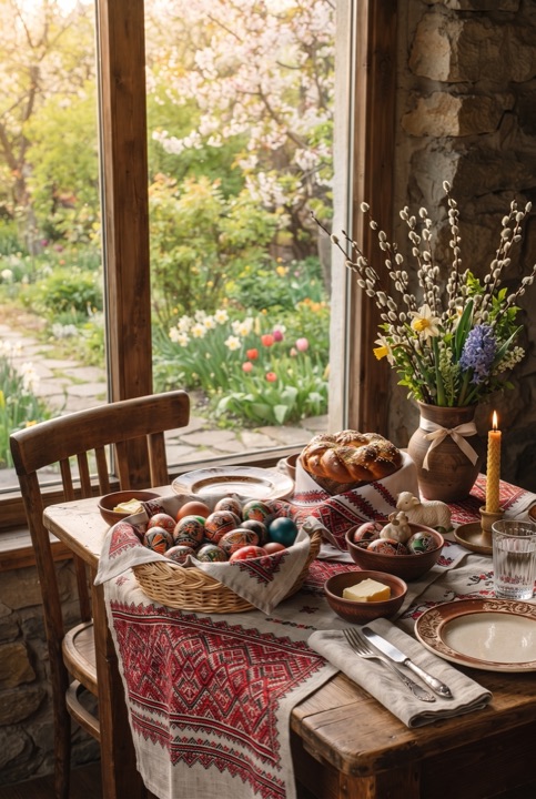 Easter Table with Pysanky: An embroidered cloth, a basket of pysanky, Easter bread and willow branches: a warm spring tradition.