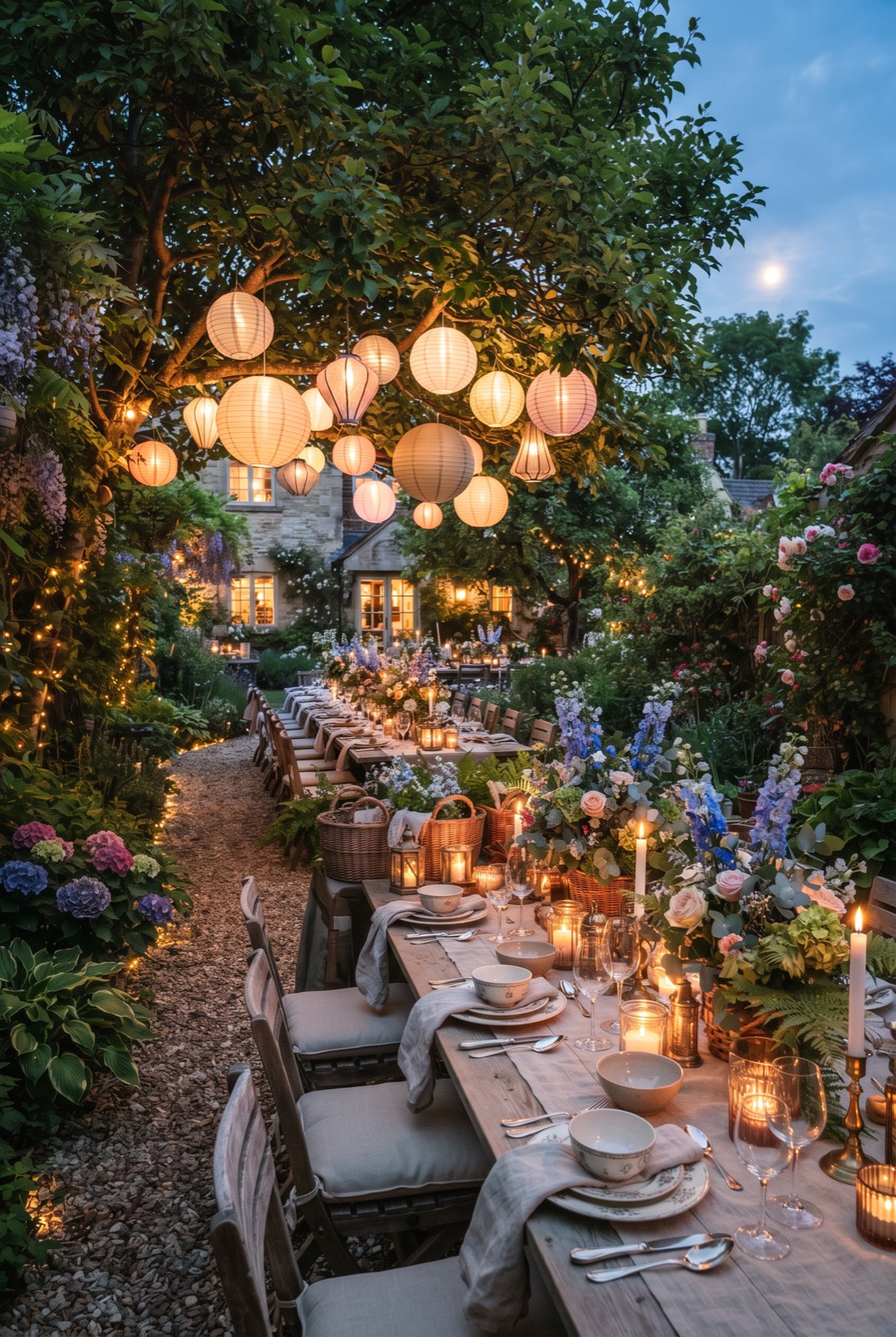 Garden Party with Lanterns: Tables under the trees, paper lanterns on the branches and baskets of flowers.