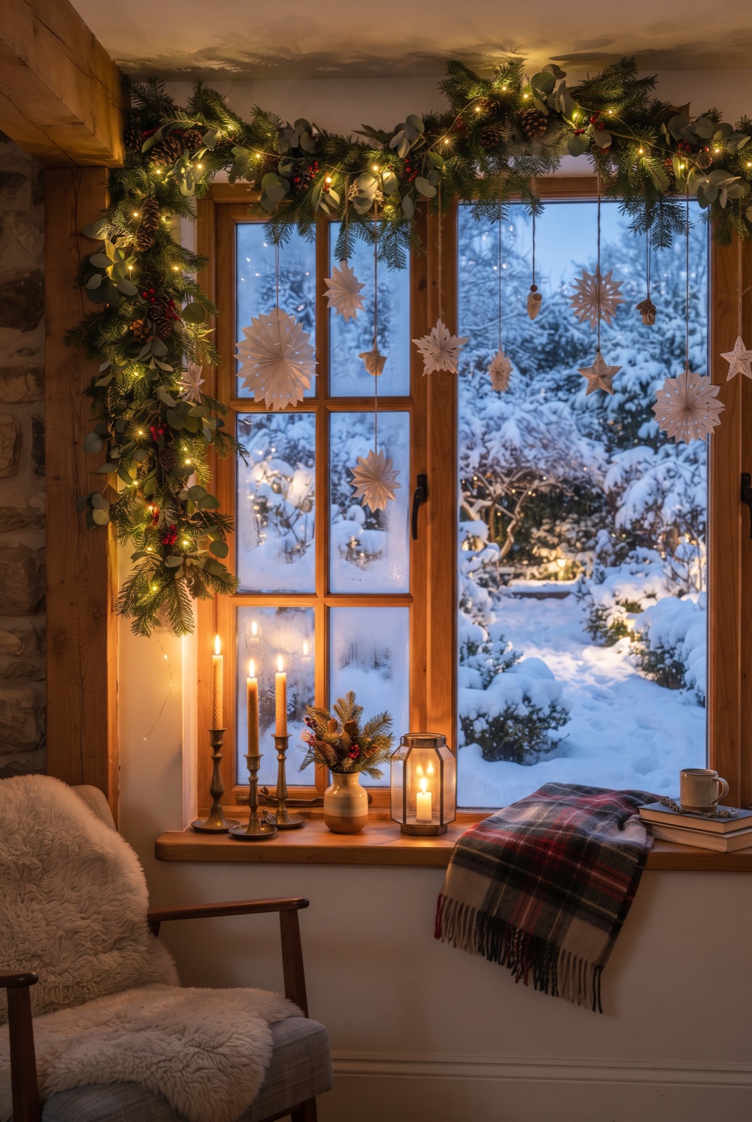 New Year Window Decor: A window with fir branches, candles and paper snowflakes that glow at night.