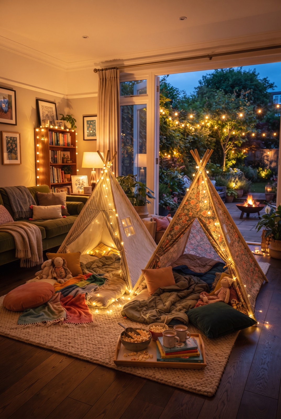 Pajama Party Teepees: Teepees with cushions, string lights and bowls of popcorn: a party for friends.