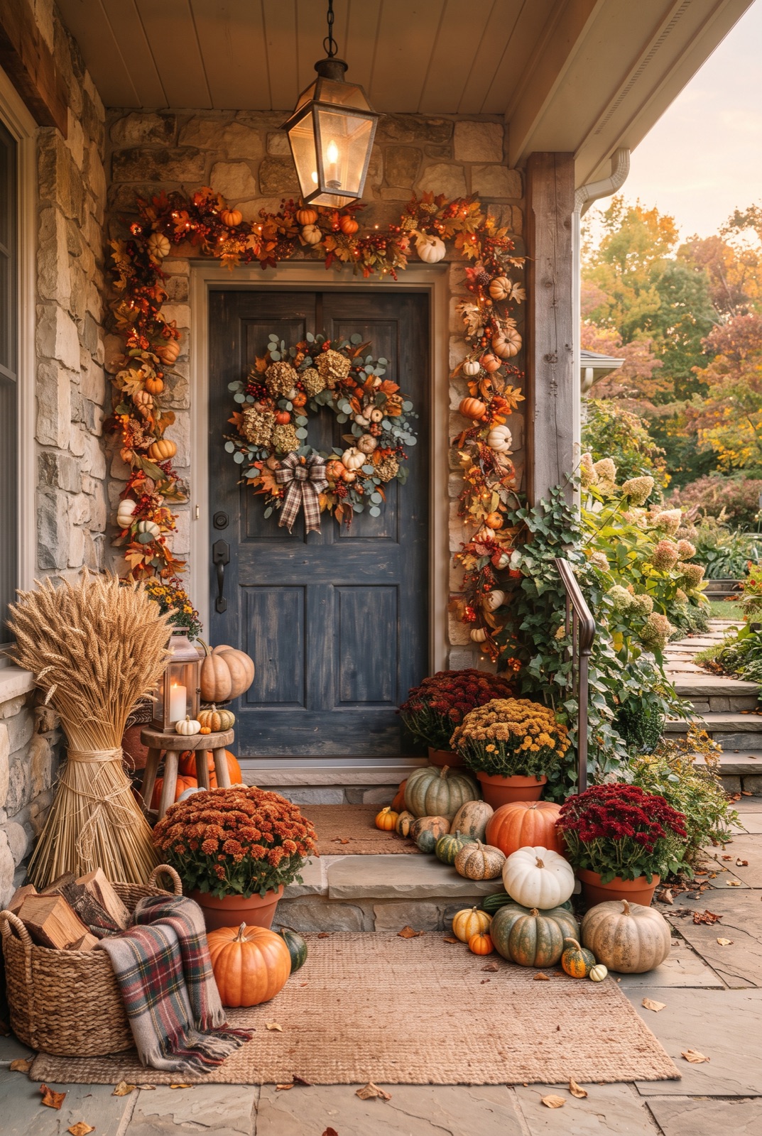 Autumn Porch with Pumpkins: Pumpkins of different colors, a wheat sheaf and a garland by the door: an autumn mood.