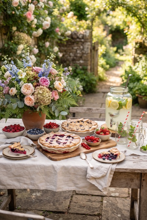 Summer Dessert Table: A table with fruit, pies and lemonade in glasses with straws, decorated with flowers.
