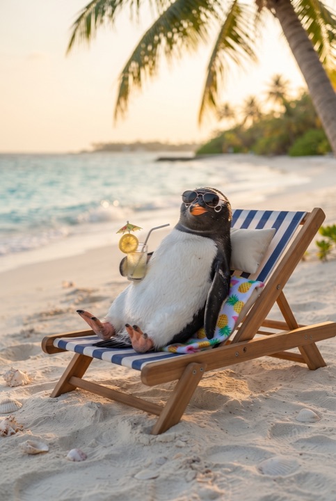 Penguin with Lemonade on a Sun Lounger: A penguin in sunglasses relaxes on a sun lounger on a white tropical beach with a glass of lemonade.