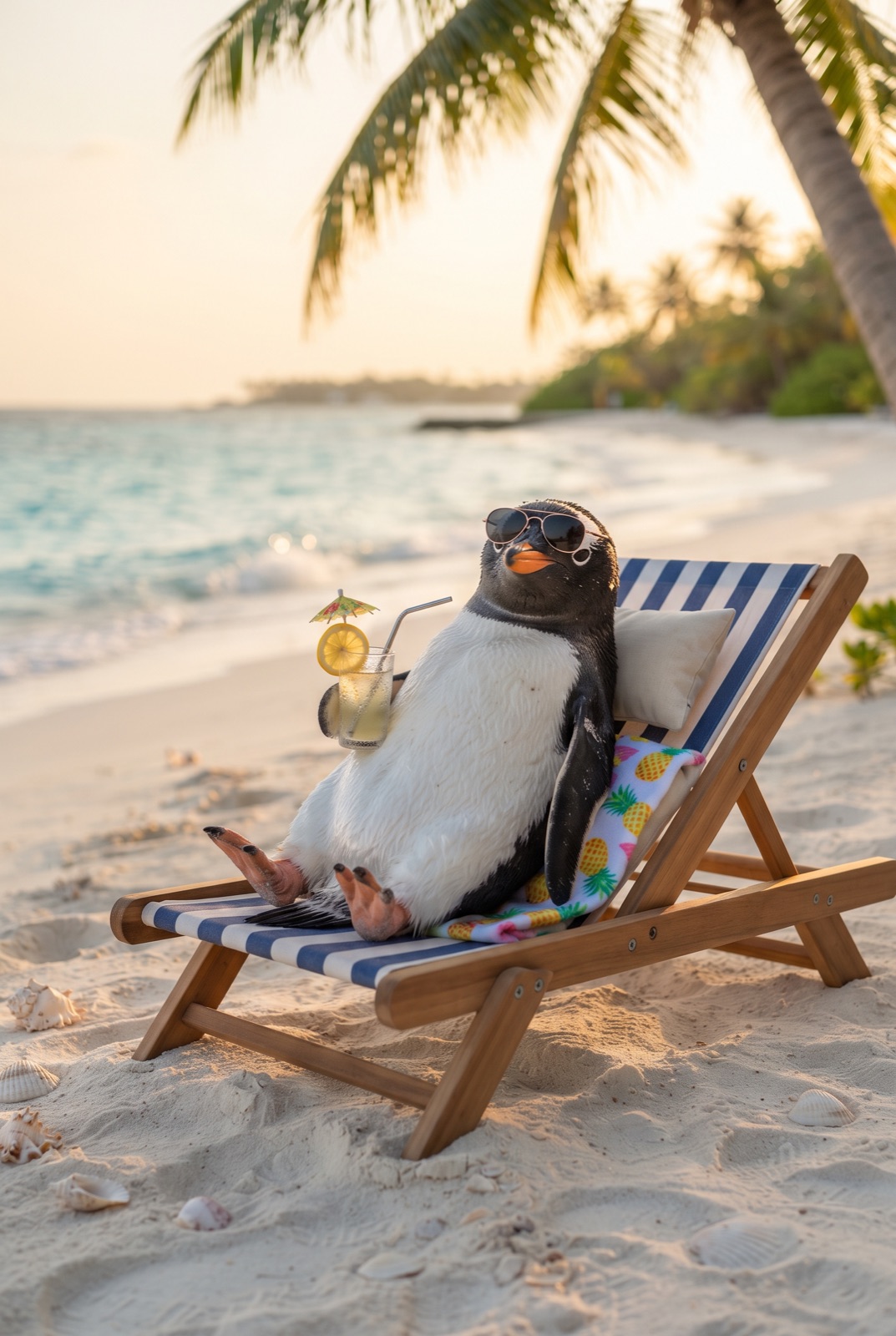 Penguin with Lemonade on a Sun Lounger: A penguin in sunglasses relaxes on a sun lounger on a white tropical beach with a glass of lemonade.