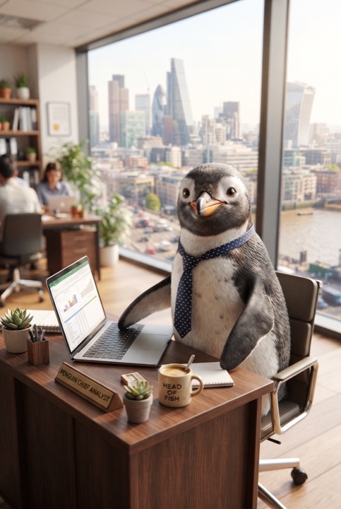 Penguin at the Office: A penguin in a tiny tie works at a desk with a laptop and a cup of coffee in a bright city office.