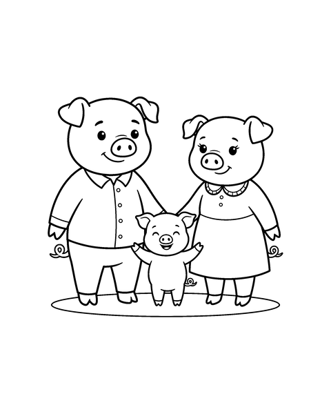 Pig Family coloring page for kids: a printable black and white outline picture with thick lines and big areas to color, ready for A4