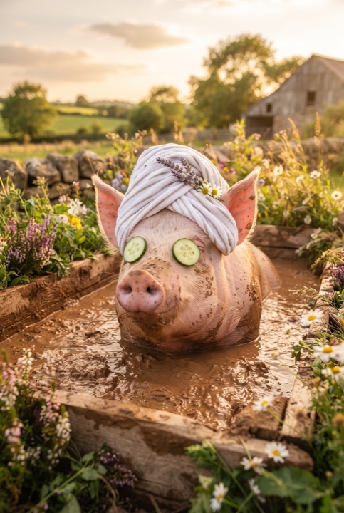 Pig at a Mud Spa: A pink pig with cucumber slices on its eyes and a towel on its head relaxes in a rustic mud spa at golden hour.