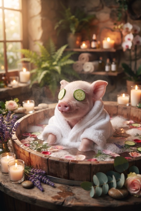 Piglet at the Spa with Cucumber Eyes: A pink piglet in a white bathrobe relaxes in a wooden tub with cucumber slices on its eyes, candles and flowers nearby.