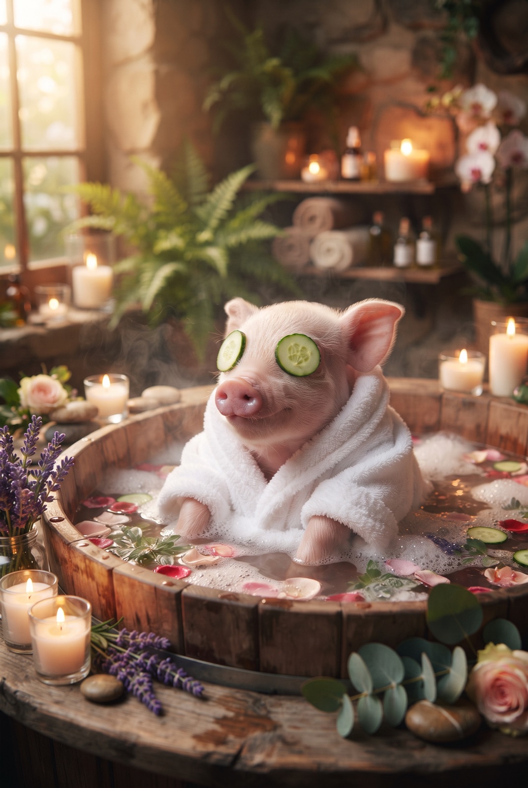 Piglet at the Spa with Cucumber Eyes: A pink piglet in a white bathrobe relaxes in a wooden tub with cucumber slices on its eyes, candles and flowers nearby.