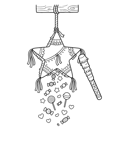 Pinata coloring page for kids: a printable black and white outline picture with thick lines and big areas to color, ready for A4