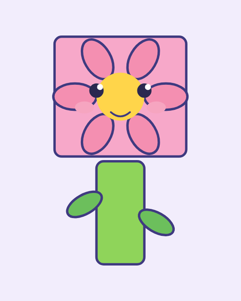 Pink Flower paper craft template for kids: a printable color A4 sheet with cut lines, fold lines and glue tabs, plus a preview of the finished cube toy