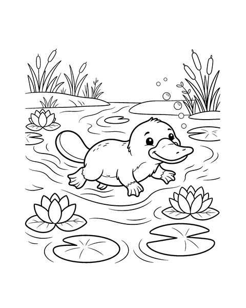 Platypus coloring page for kids: a printable black and white outline picture with thick lines and big areas to color, ready for A4