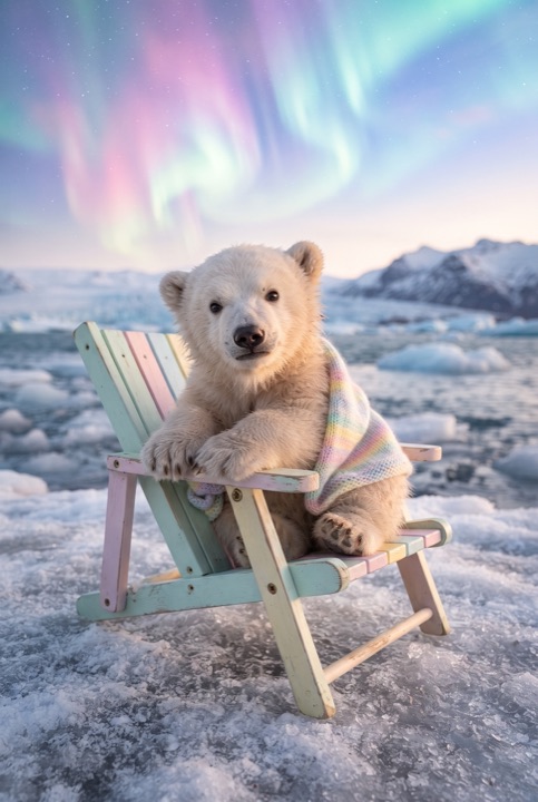 Polar Bear Cub on a Pastel Beach Chair Under the Aurora: A polar bear cub sits on a pastel beach chair on an icy shore under an aurora in a pink sky.