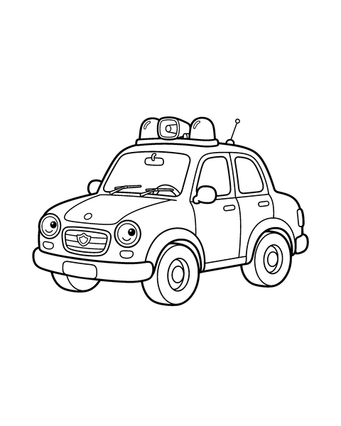 Police Car coloring page for kids: a printable black and white outline picture with thick lines and big areas to color, ready for A4