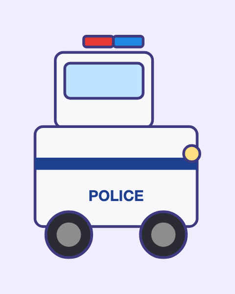 Police Car paper craft template for kids: a printable color A4 sheet with cut lines, fold lines and glue tabs, plus a preview of the finished cube toy