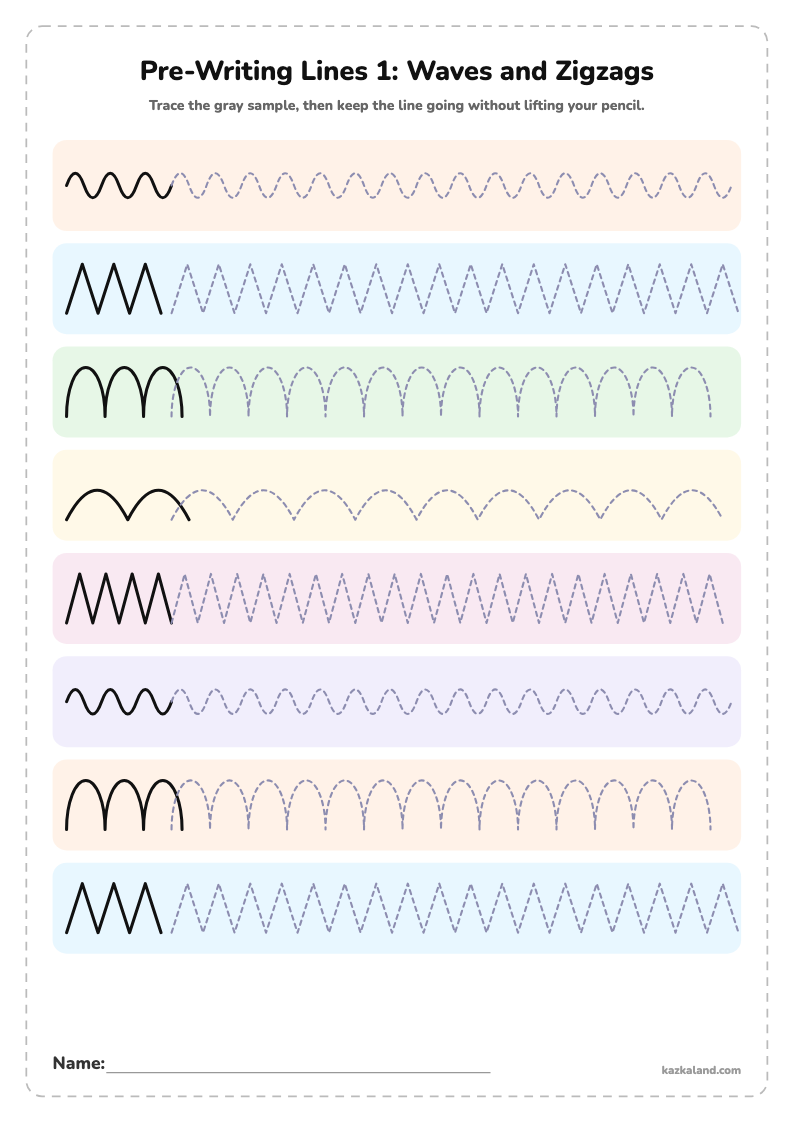 Pre-Writing Lines 1: Waves and Zigzags: printable A4 worksheet for kids with a large model, dotted lines to trace, a picture to color and a line for the name