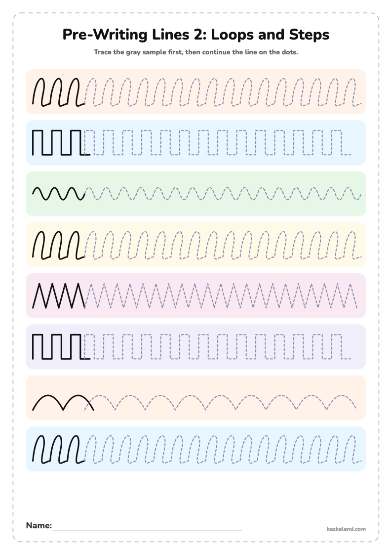 Pre-Writing Lines 2: Loops and Steps: printable A4 worksheet for kids with a large model, dotted lines to trace, a picture to color and a line for the name