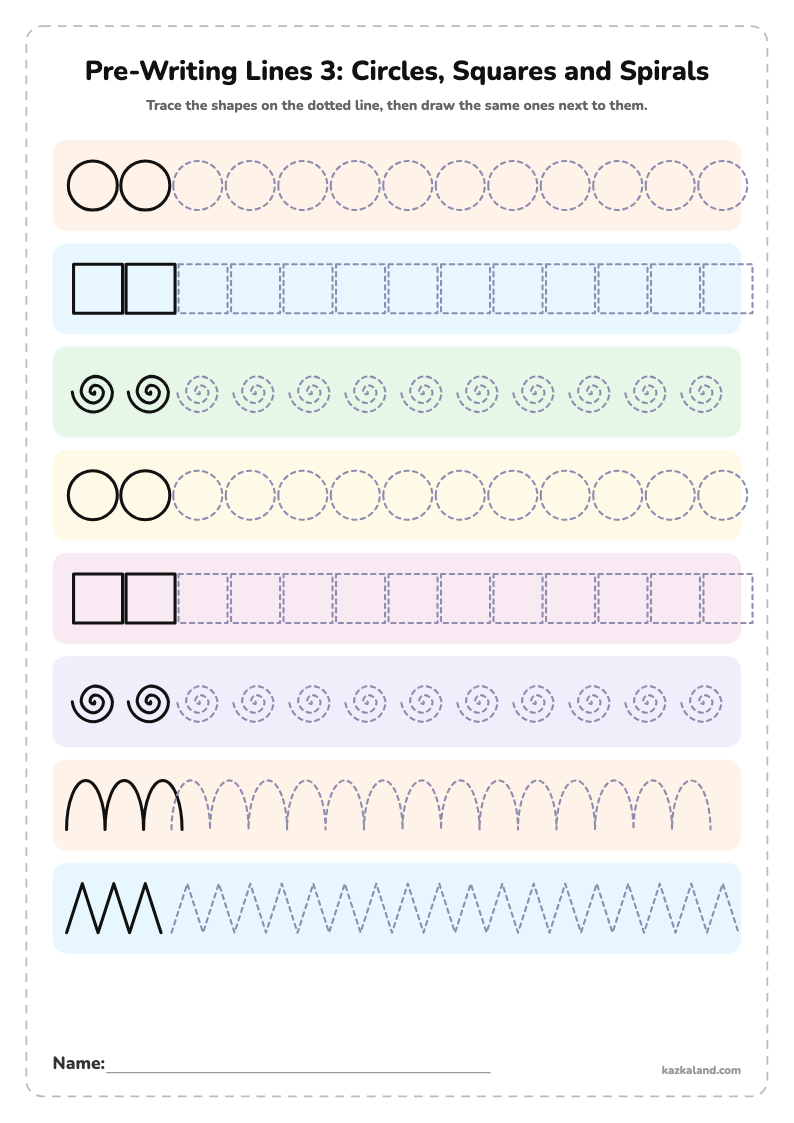 Pre-Writing Lines 3: Circles, Squares and Spirals: printable A4 worksheet for kids with a large model, dotted lines to trace, a picture to color and a line for the name