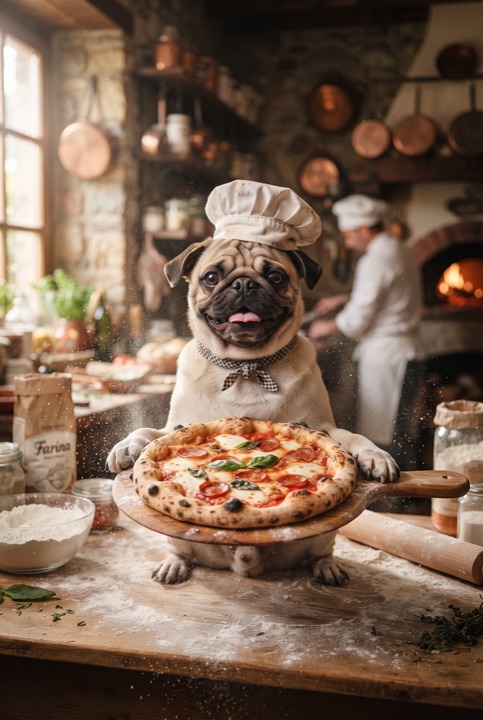 Chef Pug with a Fresh Pizza: A pug in a white chef hat proudly holds a freshly baked pizza in a rustic kitchen with flour in the air.