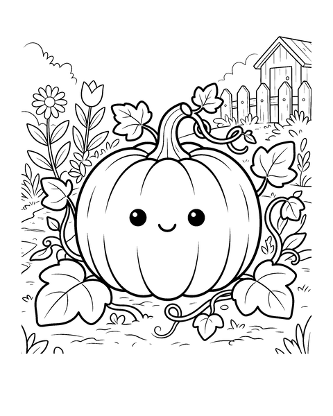 Pumpkin coloring page for kids: a printable black and white outline picture with thick lines and big areas to color, ready for A4