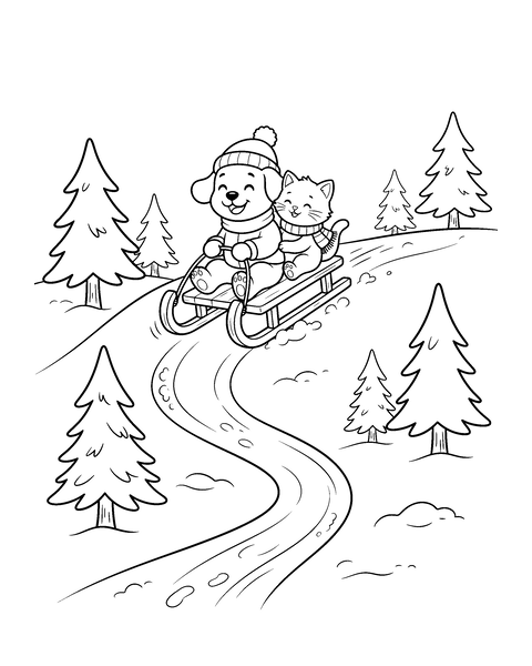 Puppy and Kitten on a Sled coloring page for kids: a printable black and white outline picture with thick lines and big areas to color, ready for A4