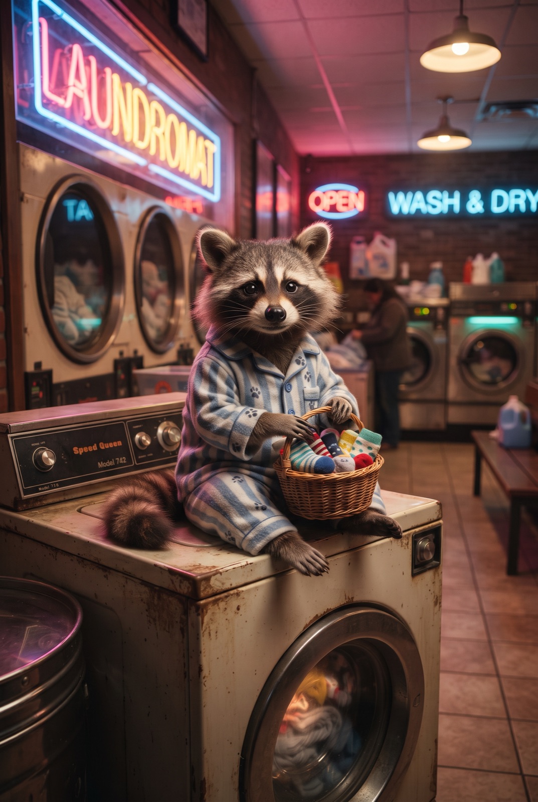 Raccoon at a Night Laundromat: A raccoon in pajamas sits on a washing machine in a retro laundromat holding a basket of socks while neon lights glow outside.