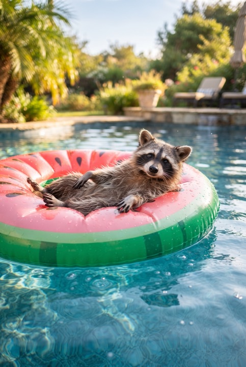 Raccoon on an Inflatable Watermelon: A raccoon cruises across a pool on a giant inflatable watermelon slice: this is what vacation looks like.