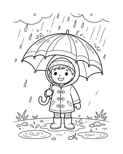 Rain and Umbrella coloring page for kids: a printable black and white outline picture with thick lines and big areas to color, ready for A4