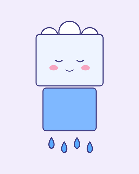 Rain Cloud paper craft template for kids: a printable color A4 sheet with cut lines, fold lines and glue tabs, plus a preview of the finished cube toy