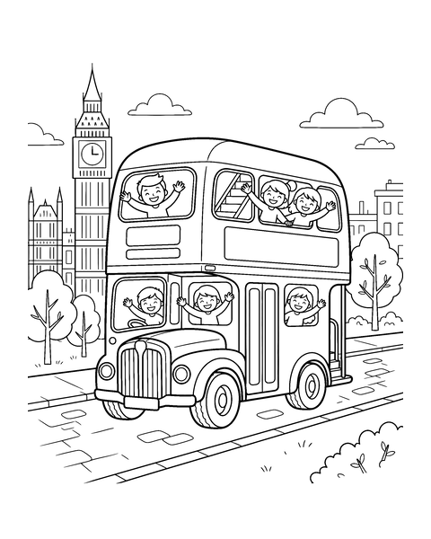 Red Double-Decker Bus coloring page for kids: a printable black and white outline picture with thick lines and big areas to color, ready for A4