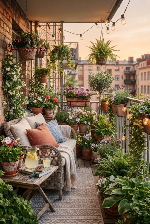 Balcony Oasis: Planters of flowers, a wicker chair and string lights on a small balcony: summer in a city apartment.