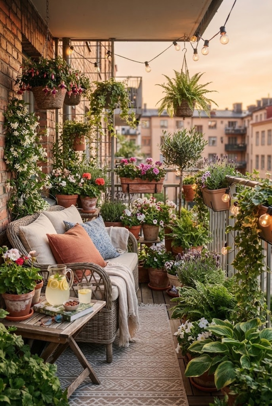 Balcony Oasis: Planters of flowers, a wicker chair and string lights on a small balcony: summer in a city apartment.