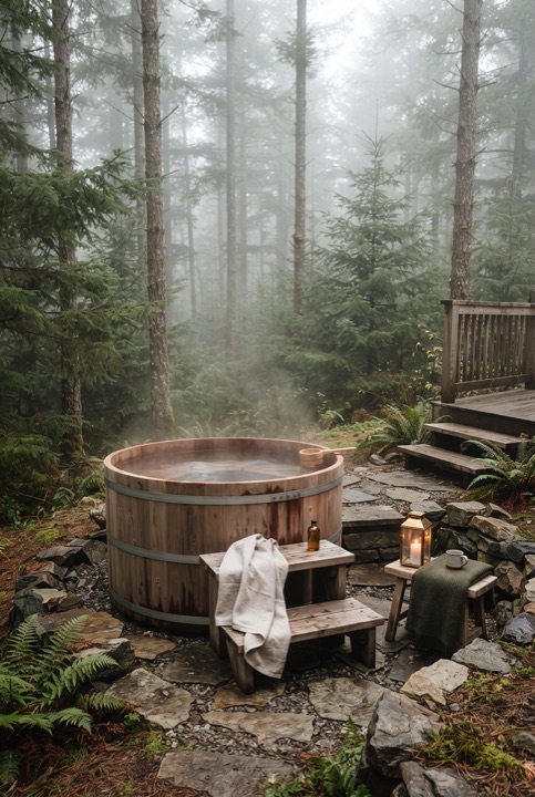 Wooden Hot Tub by the Forest: A wooden tub of hot water at the edge of the forest with steps and towels nearby.