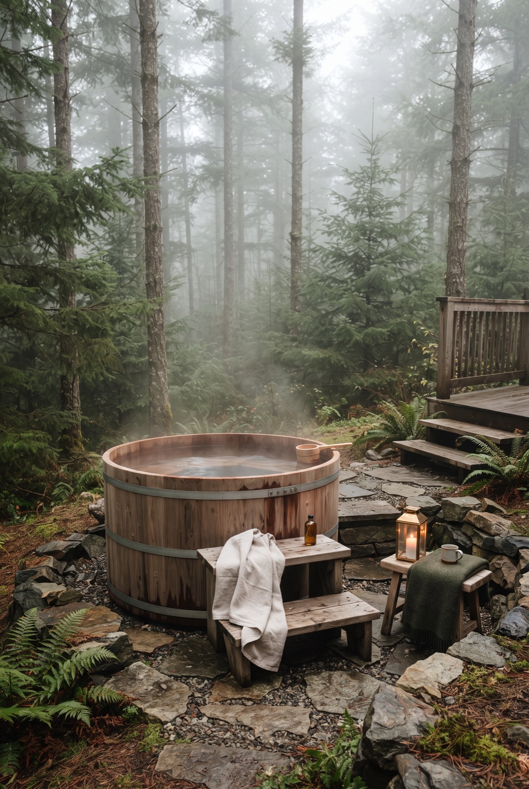 Wooden Hot Tub by the Forest: A wooden tub of hot water at the edge of the forest with steps and towels nearby.