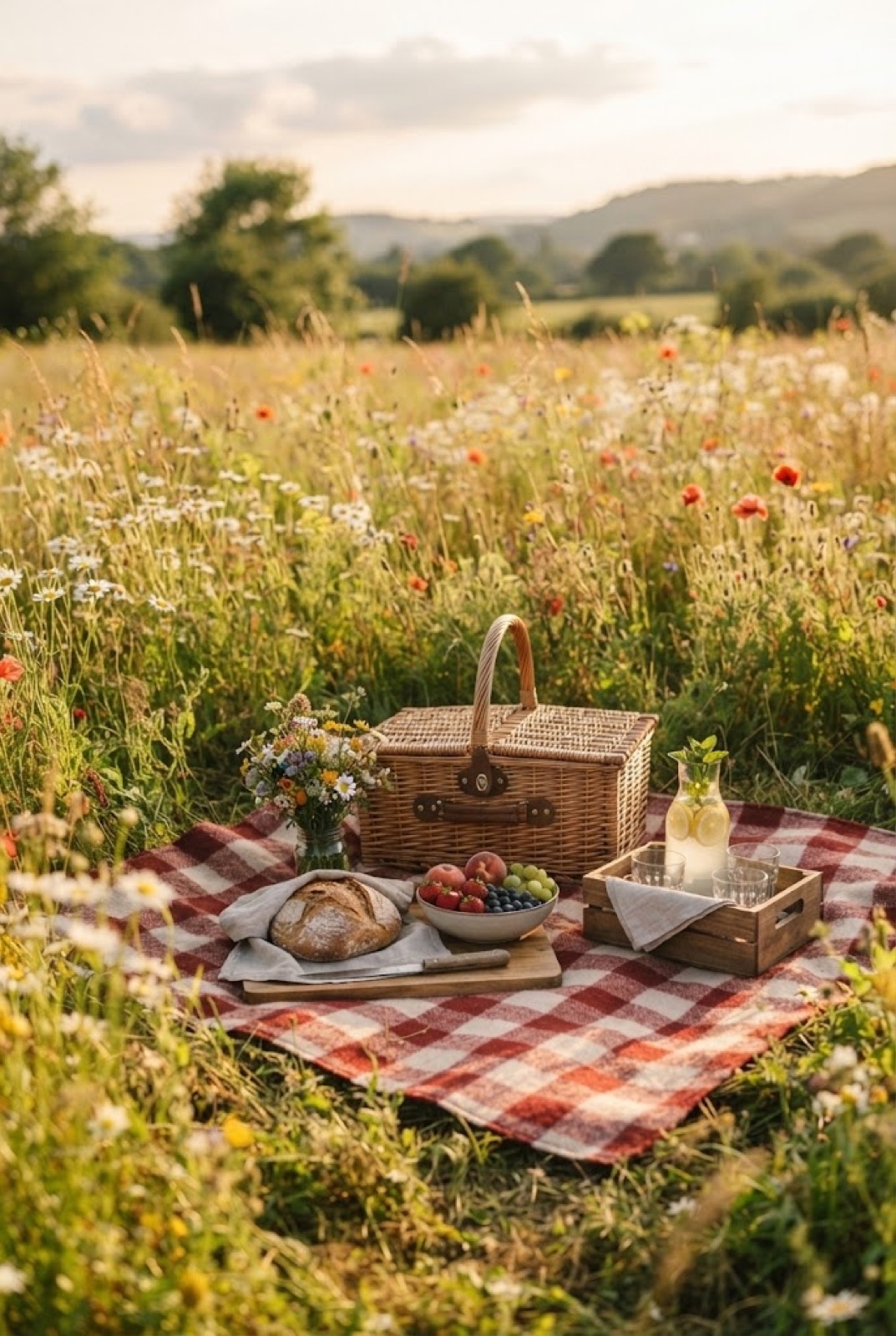 Blanket Picnic in a Meadow: A checkered blanket, a basket of food, glasses of lemonade and wildflowers.