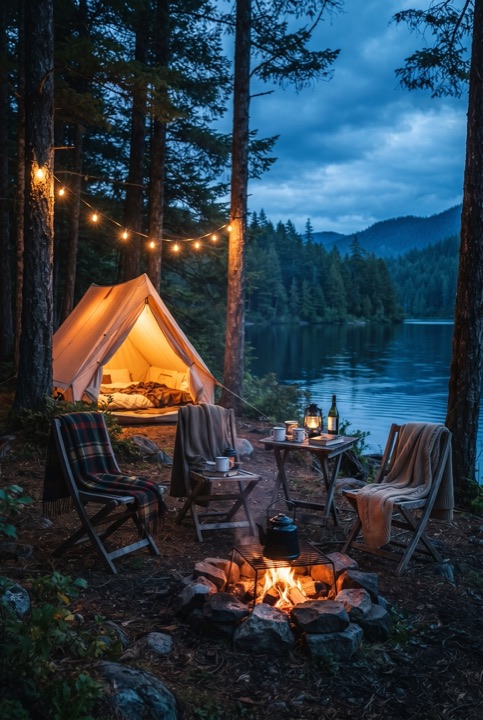 Camping with String Lights: A tent, string lights, a campfire and a kettle of tea over the flames: a quiet evening in the woods.