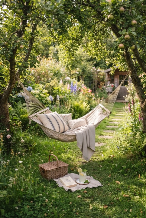 Hammock Between Trees: A rope hammock with cushions between two apple trees and a book in the grass: a perfect Sunday.