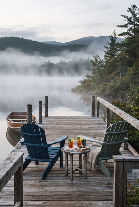 Lake Dock with Chairs: A wooden dock with two chairs, glasses of tea and mist over the water.