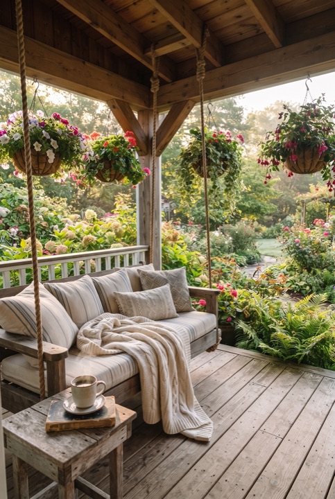Porch Swing: A long swing bench with cushions and a blanket on a porch with a flower-covered canopy.