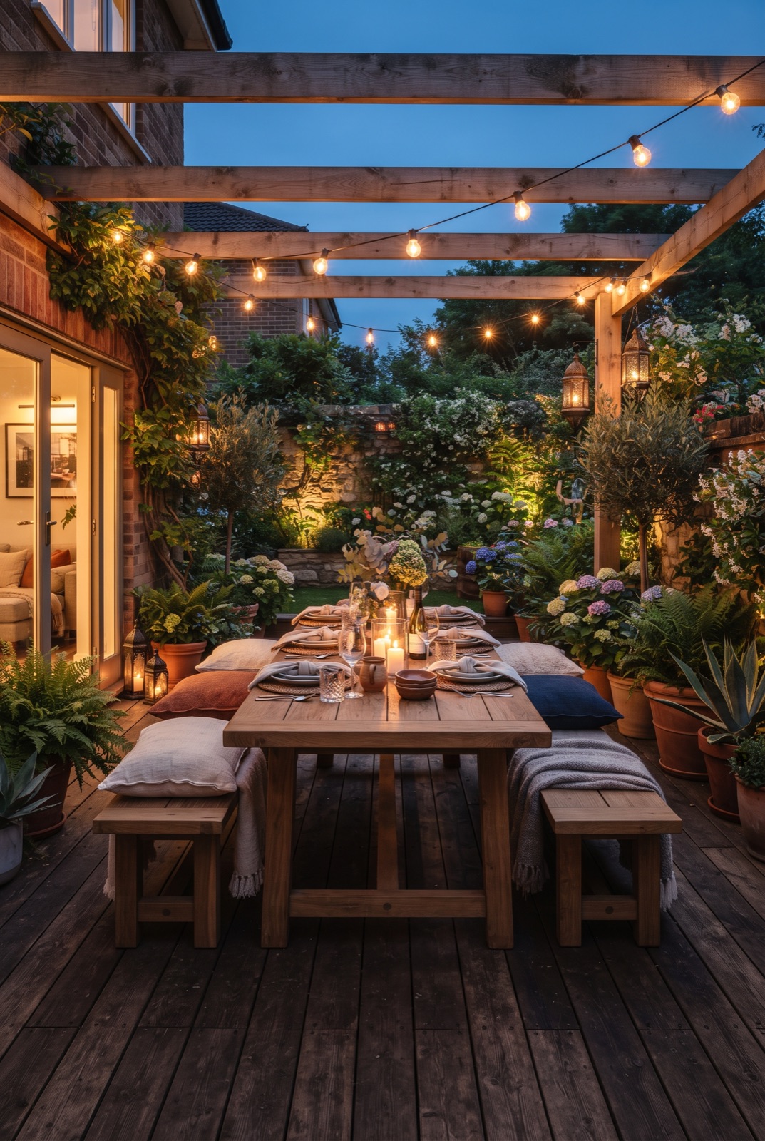 String-Lit Terrace: A wooden terrace with a long table, benches and lanterns: a place for a big family.